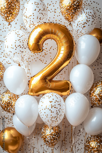 Happy birthday white and golden balloons and gold foil number two balloon for 2 year old baby, 2nd birthday decorations for boys and girls photo