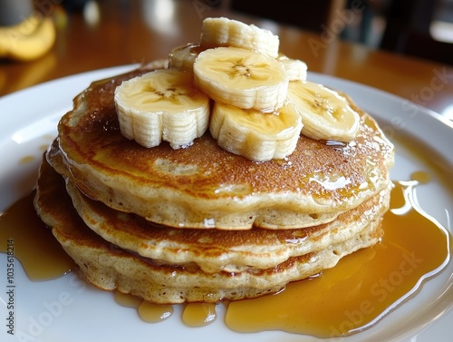 A mouth-watering stack of fluffy pancakes topped with slices of fresh banana and a generous drizzle of maple syrup, dusted with powdered sugar for a perfect breakfast delight.