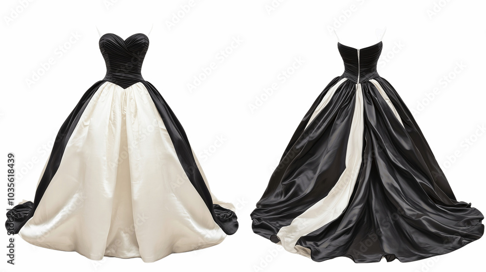 strapless ball gown mockup showcasing both front and back views, contrasting materials such as satin and organza, on a transparent backgrounds strapless ball gown mockup showcasing both front and back views, contrasting materials such as satin and organza, on a transparent backgrounds
