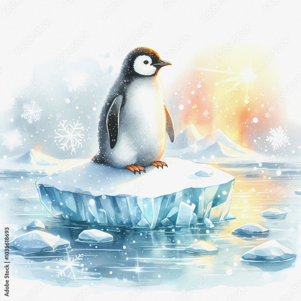 Obraz premium Watercolor illustration of cute penguin on an ice floe. Cozy winter poster. 