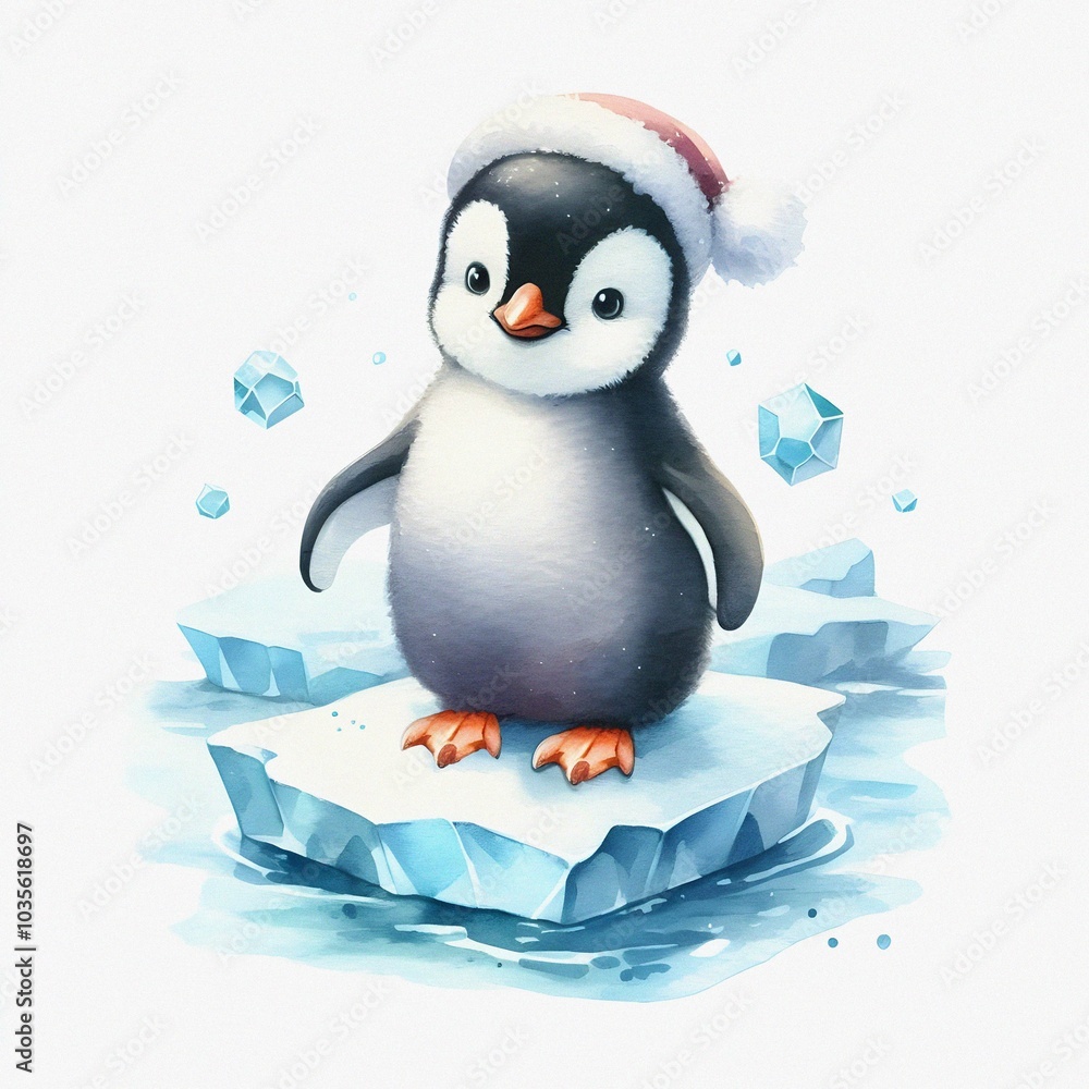 Fototapeta premium Watercolor illustration of cute penguin on an ice floe. Cozy winter poster. 