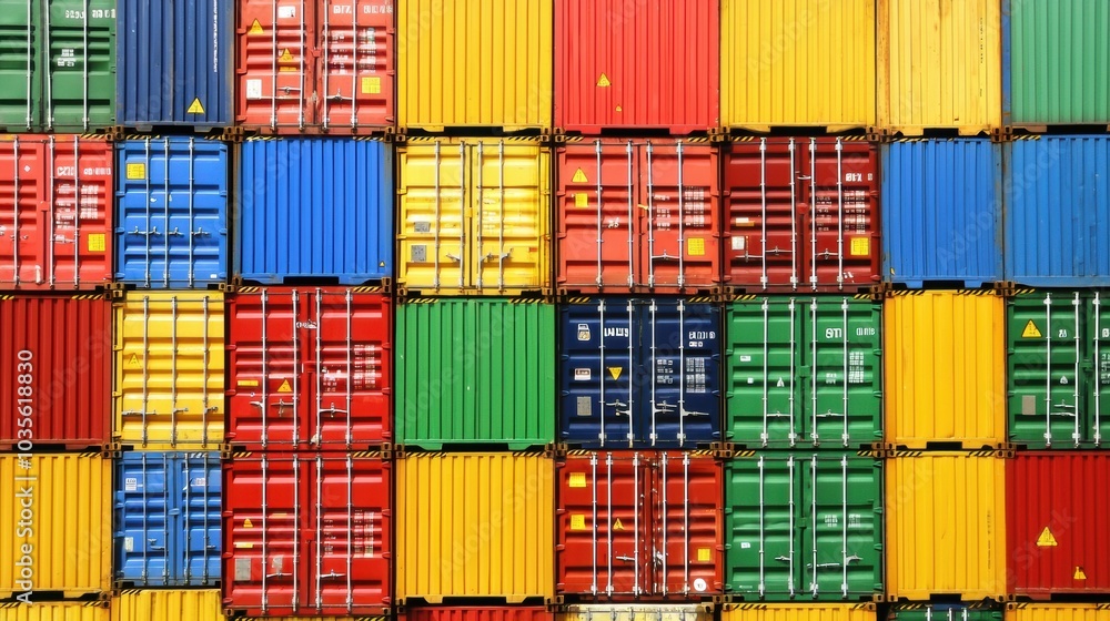 Fototapeta premium Colorful Stacked Shipping Containers for Global Freight Logistics and Trade