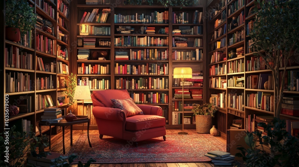 Cozy library with floor-to-ceiling bookshelves, warm lighting, a comfortable armchair, a haven for book lovers Cozy library with floor-to-ceiling bookshelves, warm lighting, a comfortable armchair, a haven for book lovers