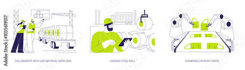 Press shop in automotive industry abstract concept vector illustrations.