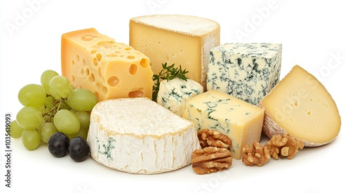 Assorted cheese platter with grapes nuts on white background