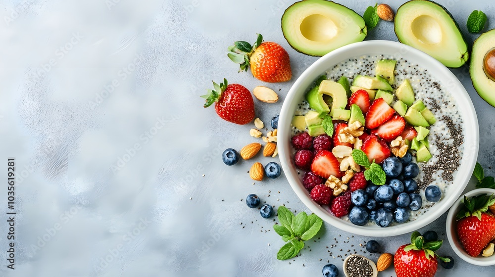 An array of fresh, vibrant food items including an avocado bowl with chia seeds and nuts, strawberries in small bowls, blueberries on top of the blush-colored rice porridge An array of fresh, vibrant food items including an avocado bowl with chia seeds and nuts, strawberries in small bowls, blueberries on top of the blush-colored rice porridge