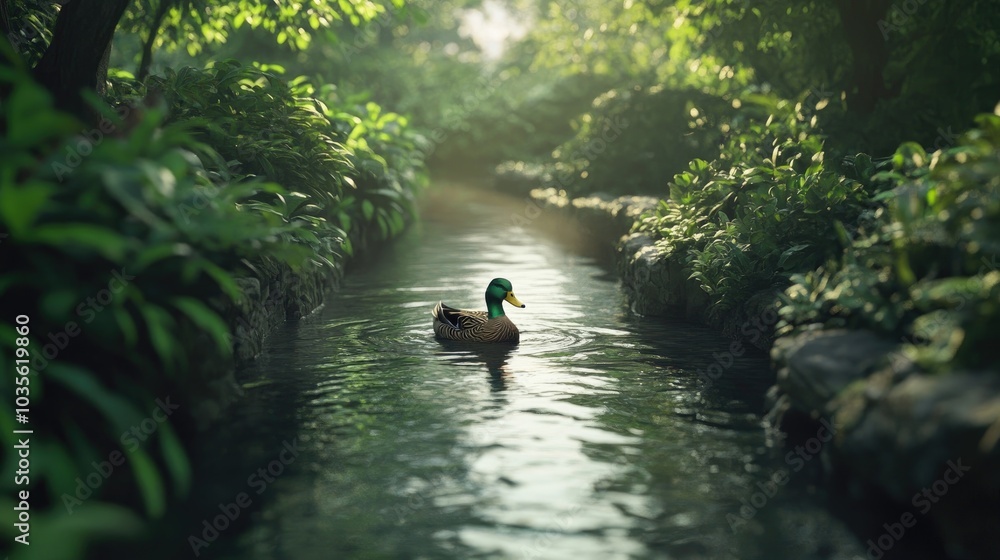 A duck gliding through a narrow channel surrounded by lush greenery A duck gliding through a narrow channel surrounded by lush greenery