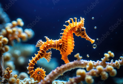 Caballito de mar naranja brillante nadando entre corales bajo el agua con burbujas flotantes. photo