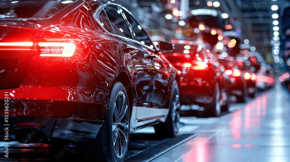 High tech automotive manufacturing with red cars on assembly line, showcasing role of automation in modern production. scene reflects innovation and efficiency in automotive industry High tech automotive manufacturing with red cars on assembly line, showcasing role of automation in modern production. scene reflects innovation and efficiency in automotive industry