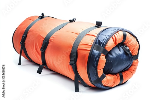 Vibrant orange sleeping bag with black straps, rolled and ready for outdoor adventures on a white isolate background. photo