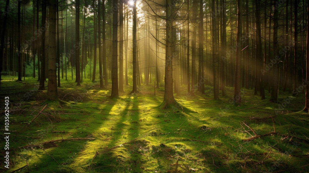 Obraz premium Sunlight Streaming Through Forest Trees