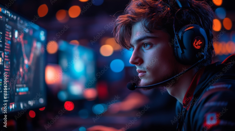 A young gamer is intensely focused on his screen, participating in a live esports tournament, surrounded by glowing monitors and LED lights, demonstrating his skills and concentration. A young gamer is intensely focused on his screen, participating in a live esports tournament, surrounded by glowing monitors and LED lights, demonstrating his skills and concentration.