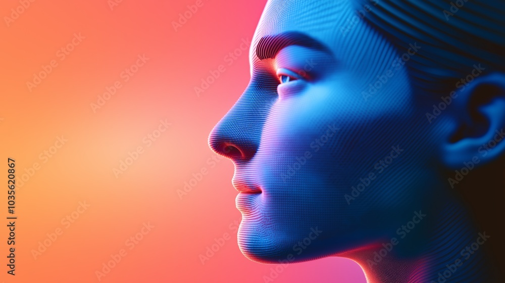 A digital representation of a human face against a vibrant gradient background showcasing modern artistic expression. A digital representation of a human face against a vibrant gradient background showcasing modern artistic expression.