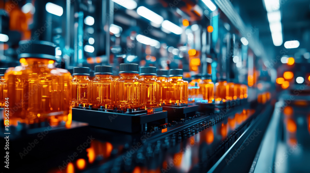 Automated production line with orange glass bottles in modern factory setting, showcasing advanced technology and efficiency in manufacturing Automated production line with orange glass bottles in modern factory setting, showcasing advanced technology and efficiency in manufacturing