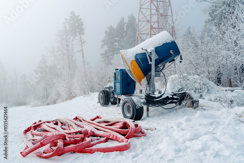 Snow cannon, machine or gun snowing the slopes or mountain for skiers, artificial snow photo