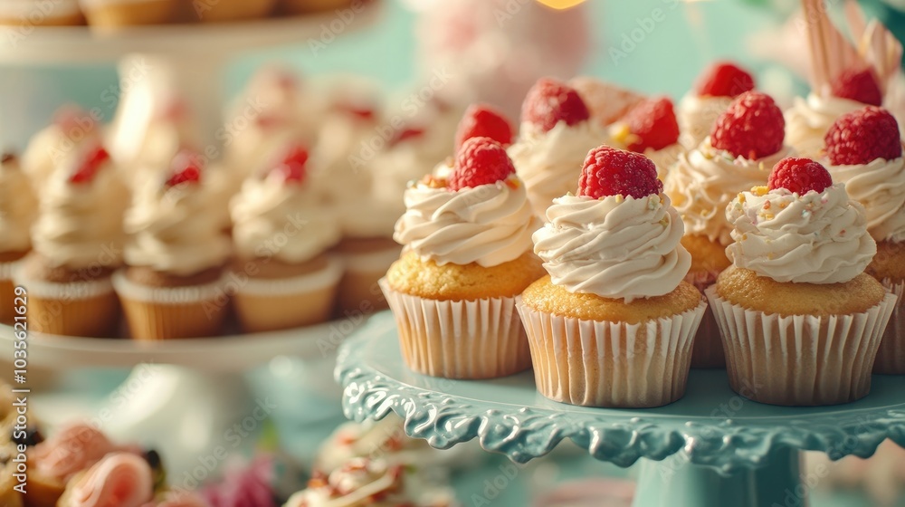 A festive dessert table filled with cupcakes and treats, adorned with decorations for Father's Day A festive dessert table filled with cupcakes and treats, adorned with decorations for Father's Day
