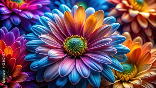 A Vivid Close-up of a Multicolored Daisy with Soft Petals, Featuring a Gradient of Blue, Purple, Pink, and Yellow Tones