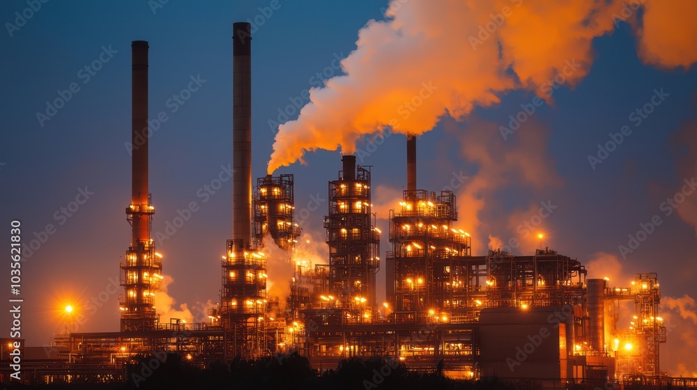Industrial Plant at Dusk with Smoke and Lights Industrial Plant at Dusk with Smoke and Lights