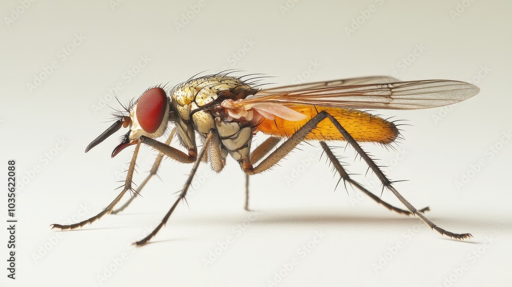 A high-resolution image of a fly resting on a clean white surface, focusing on the delicate wing patterns and proboscis. A high-resolution image of a fly resting on a clean white surface, focusing on the delicate wing patterns and proboscis.