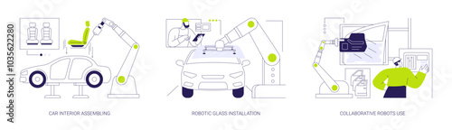 Vehicle interior assembling abstract concept vector illustrations.