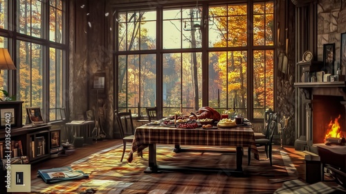A Cozy Autumn Gathering in a Rustic Cabin With a Table Full of Seasonal Treats