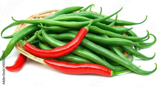 Assortment of Fresh Green Beans and Vibrant Red Chili Peppers