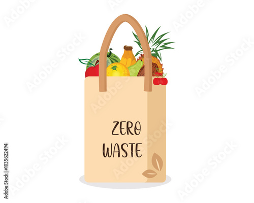 Shopping reusable grocery cloth bag with fruits without packing in a flat style.Cotton eco bag,No plastic,Zero waste concept.Vector illustration.