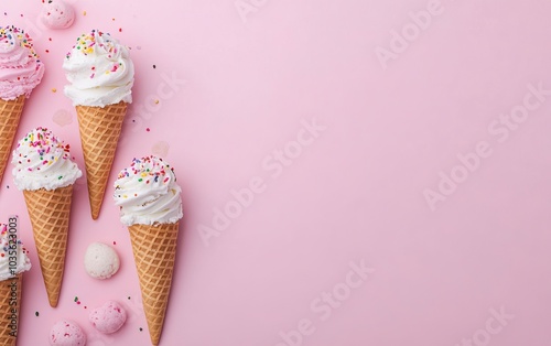Ice cream cones with colorful toppings on a pink background, perfect for summer and sweet treats.
