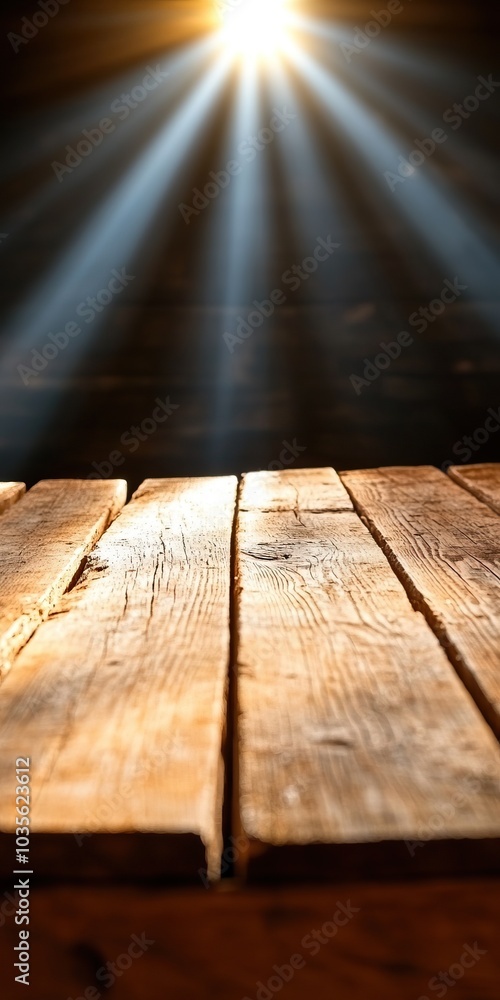 Obraz premium Rustic wooden floor illuminated by a beam of light, creating a warm and inviting atmosphere.