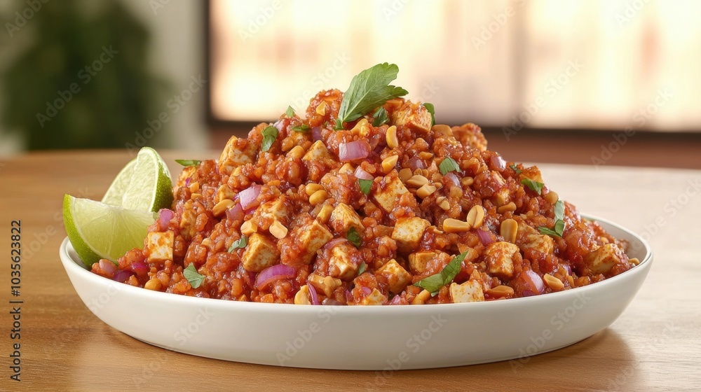 Savory Mexican Chili Con Carne Dish Served with Rice and Fresh Garnish Savory Mexican Chili Con Carne Dish Served with Rice and Fresh Garnish