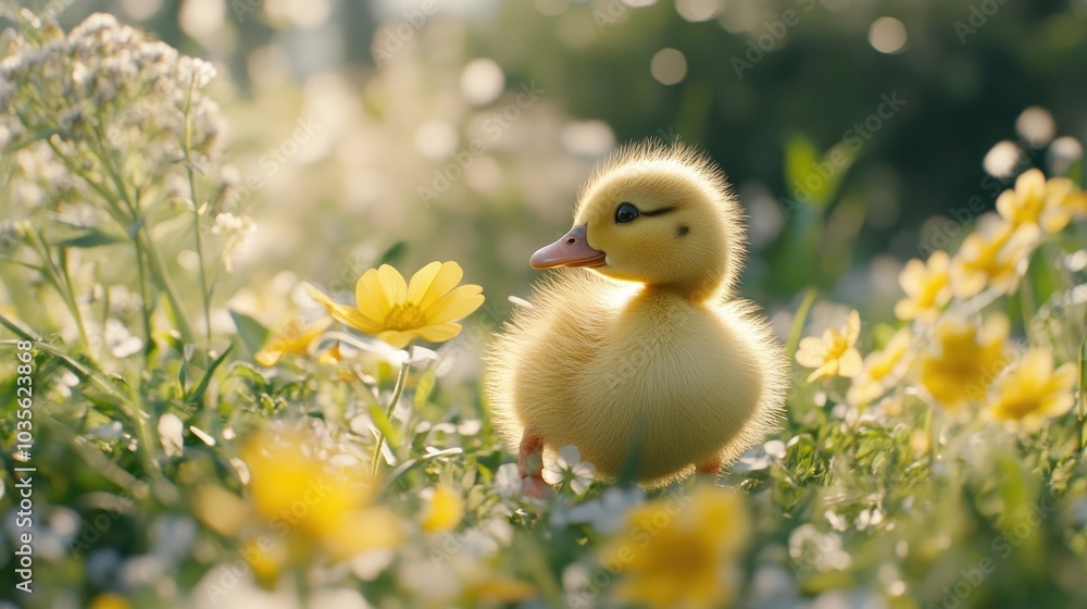 A fluffy duckling waddling through a sunny meadow filled with wildflowers A fluffy duckling waddling through a sunny meadow filled with wildflowers