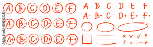 Exam result set, hand drawn letters A F in circles