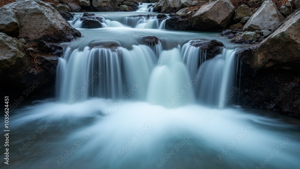 Tranquil waterfall cascading over rocks in long exposure shot Tranquil waterfall cascading over rocks in long exposure shot
