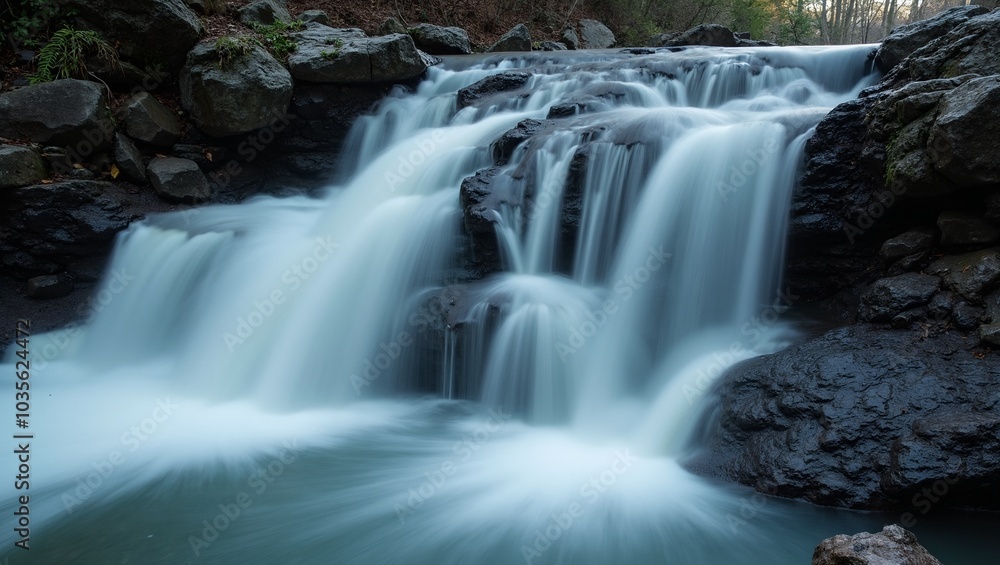Tranquil waterfall cascading over rocks in long exposure shot Tranquil waterfall cascading over rocks in long exposure shot