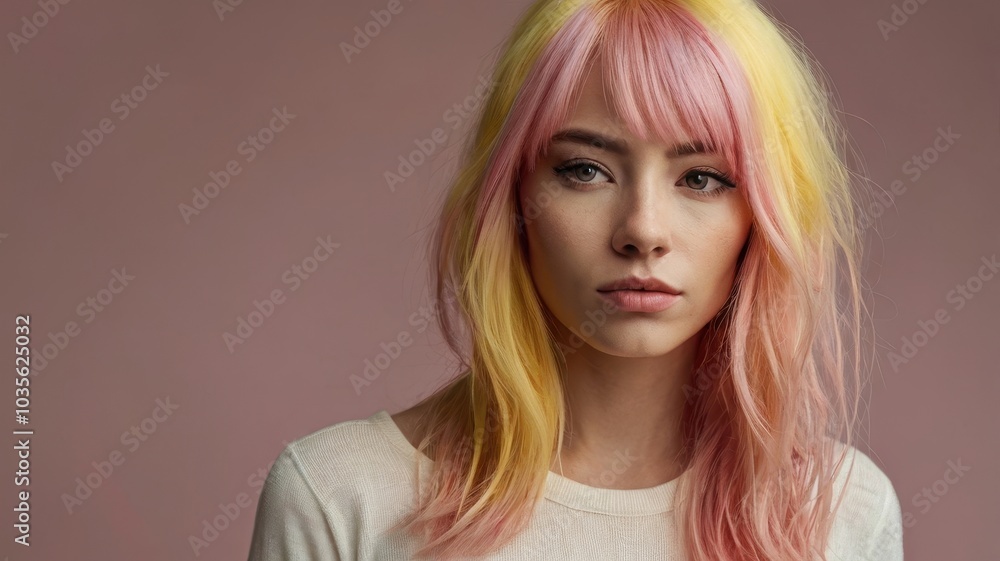 woman with light yellow and pink hair woman with light yellow and pink hair