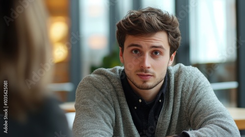 young man at a round table, focused in discussion, soft background blur