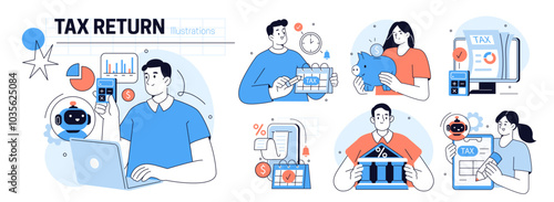 AI technology in finance and accounting set. Collection of characters preparing automated tax return, calculating taxes with artificial intelligence tools. Vector illustration.