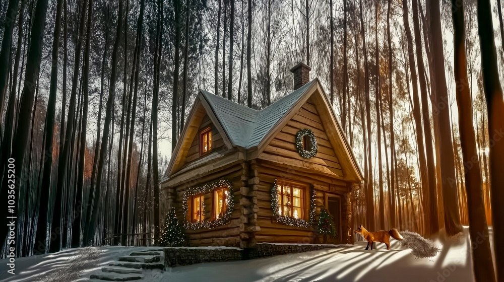 A Cozy Log Cabin in a Snowy Forest at Sunset With a Fox Exploring the Surroundings A Cozy Log Cabin in a Snowy Forest at Sunset With a Fox Exploring the Surroundings