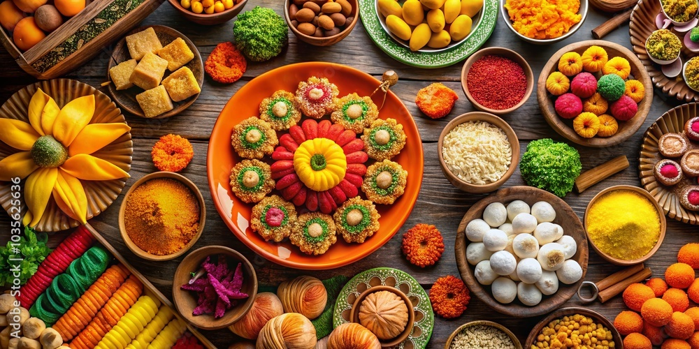 Vibrant Dussehra Celebration Top View with Festive Sweets and Treats for Holiday Design Vibrant Dussehra Celebration Top View with Festive Sweets and Treats for Holiday Design