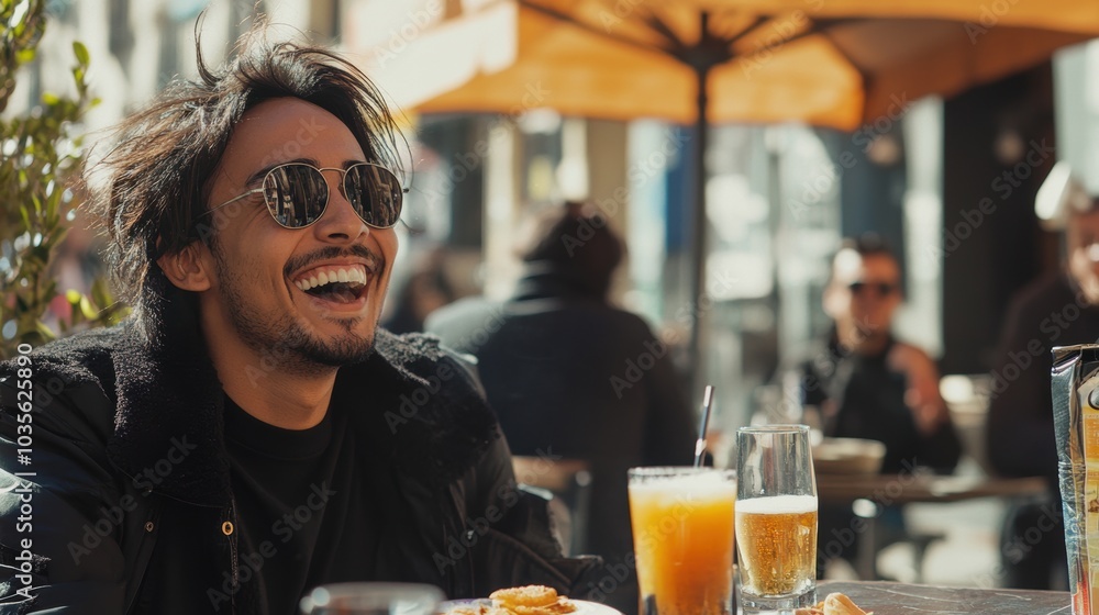 Latino man laughing with friends at an outdoor cafe, surrounded by drinks and light snacks, sunny day, urban setting with a vibrant atmosphere