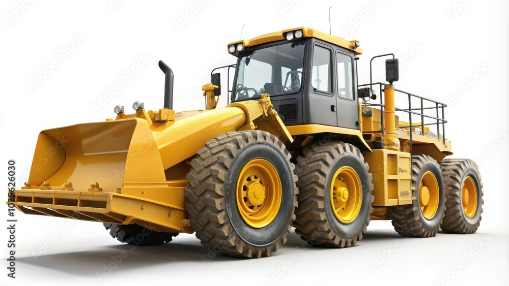 Powerful yellow construction vehicle with a large blade and four large tires Powerful yellow construction vehicle with a large blade and four large tires