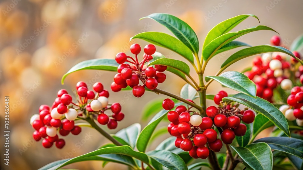 Obraz premium Ardisia japonica: Minimalist Beauty of White Blooms and Red Berries in Nature