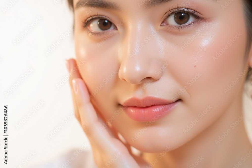 Happy middle aged woman,lady looking at camera touching her face isolated on white close up face portrait Happy middle aged woman,lady looking at camera touching her face isolated on white close up face portrait