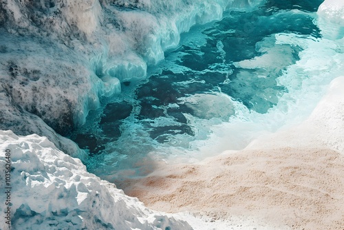 Turquoise waters meet frozen ice formations and soft sandy beaches, Serene nature for inspiring backgrounds.  photo