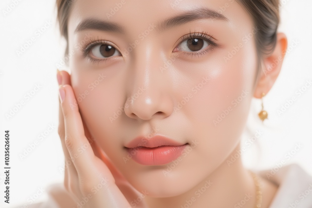 Happy middle aged woman,lady looking at camera touching her face isolated on white close up face portrait Happy middle aged woman,lady looking at camera touching her face isolated on white close up face portrait