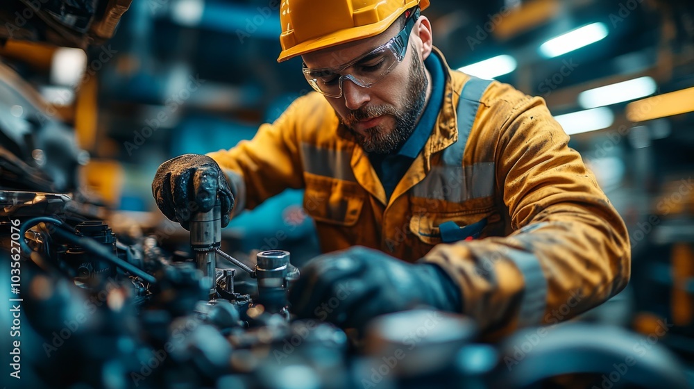A technician in a yellow safety helmet repairs engine parts in a workshop, focusing intently on his task. The environment is brightly lit, showcasing tools and machinery. A technician in a yellow safety helmet repairs engine parts in a workshop, focusing intently on his task. The environment is brightly lit, showcasing tools and machinery.