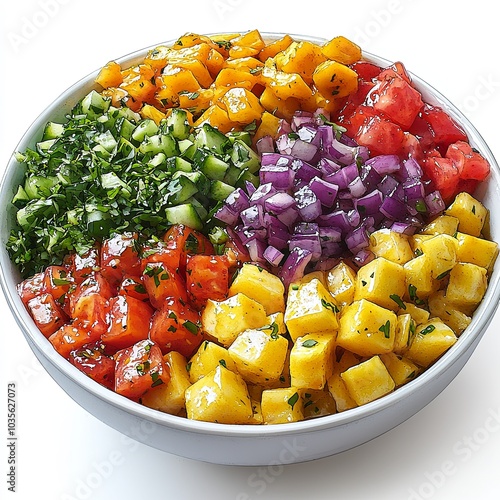 Colorful Fresh Salad in White Bowl on White Background photo