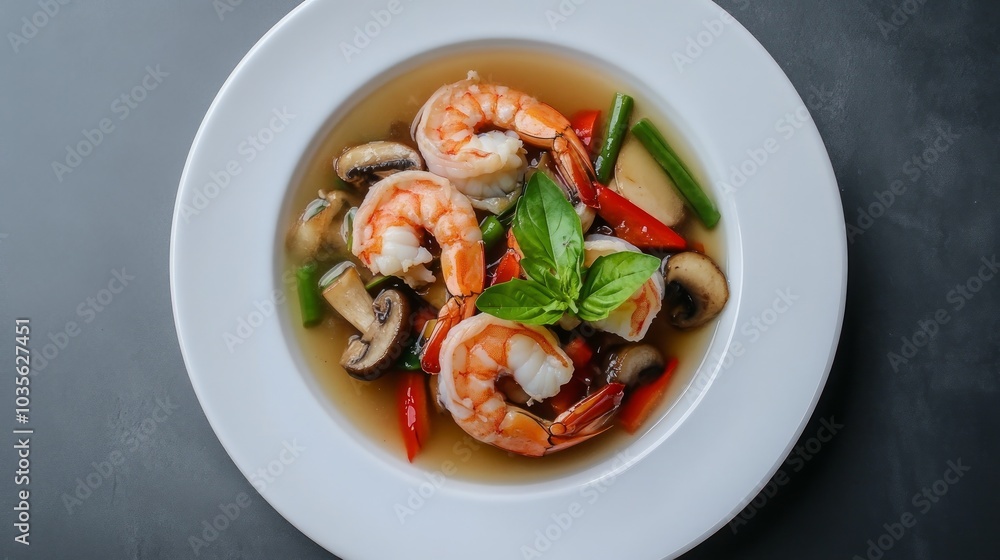 A vibrant dish featuring shrimp, vegetables, and herbs in a flavorful broth. A vibrant dish featuring shrimp, vegetables, and herbs in a flavorful broth.