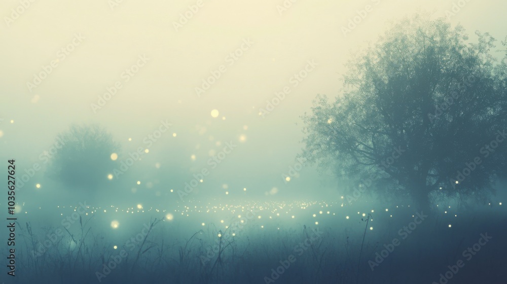 Misty landscape with soft light and abstract bokeh effects creating a serene atmosphere Misty landscape with soft light and abstract bokeh effects creating a serene atmosphere