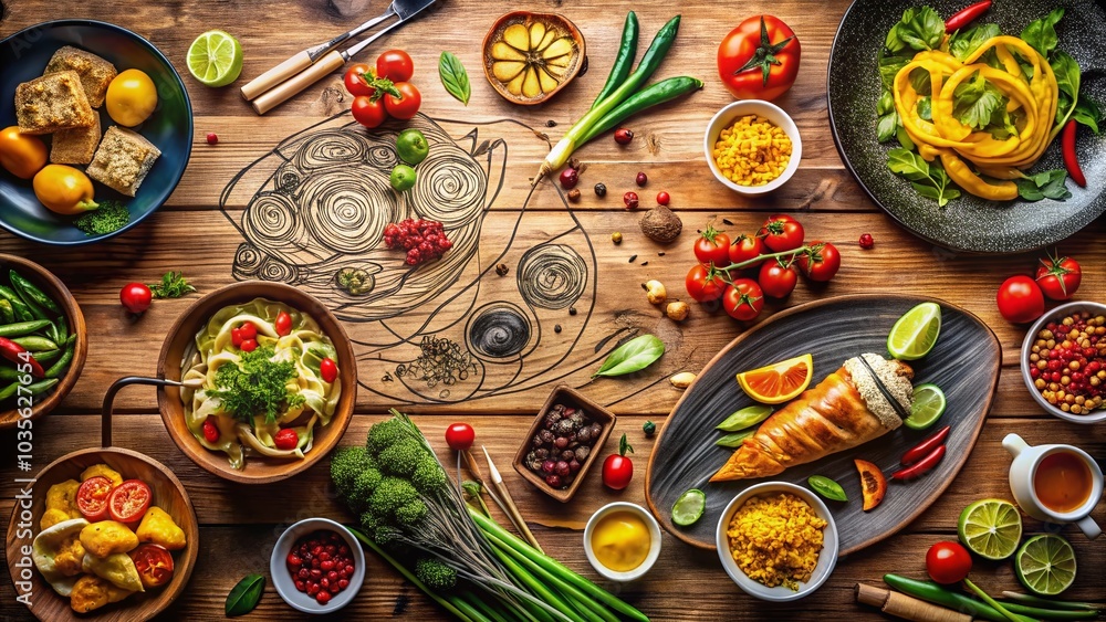 Fototapeta premium Artistic Food Photography: Drawn Line Style for Culinary Delights